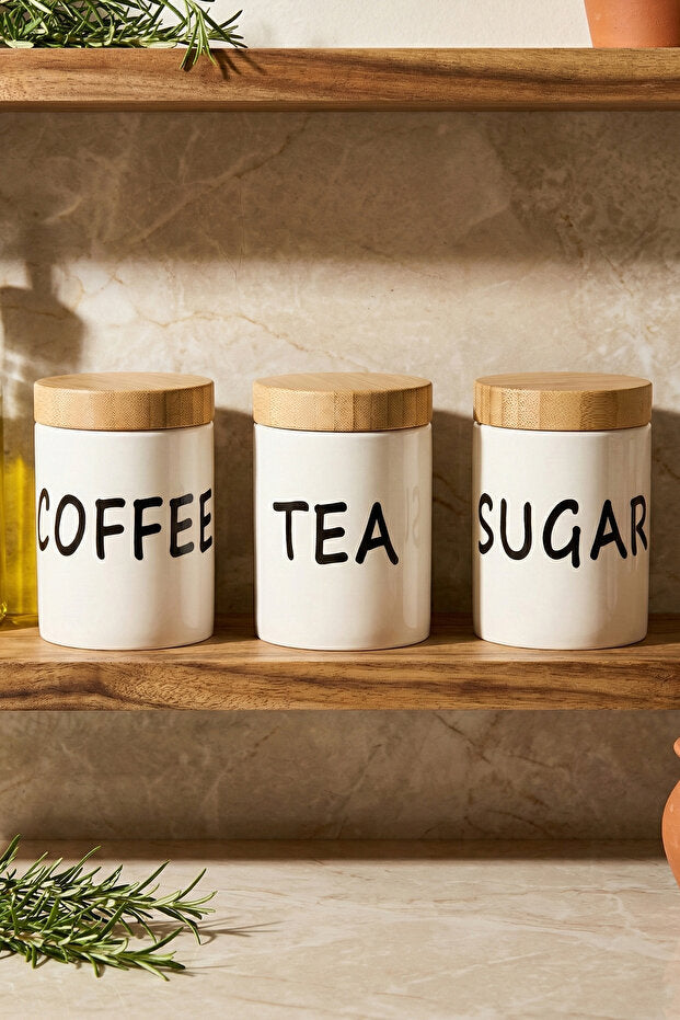 Porcelain Coffee, Tea & Sugar Canister Set with Bamboo Lids - 3 Jars