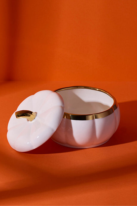 Elegant Pumpkin Porcelain Storage Jar - White & Gold, 13.3 cm