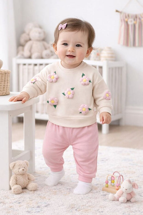 Baby Girl Embossed Floral Pink Top & Bottom 2-Piece Set