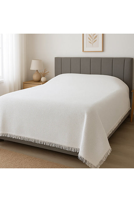 Double Size White Fringed Waffle Cotton Bedspread