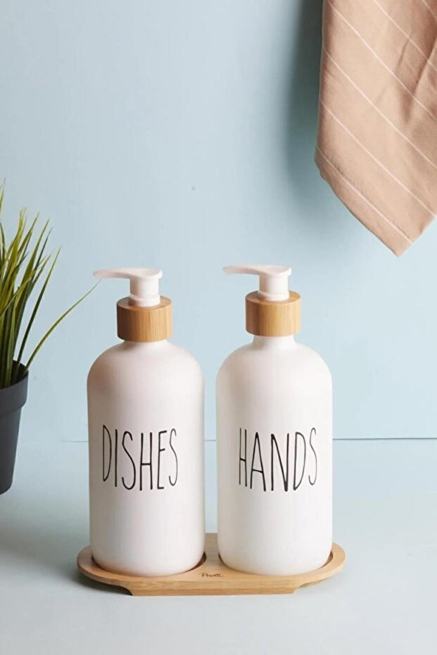 2-Piece White Liquid Soap Dispenser Set with Bamboo Tray - 500ml Each