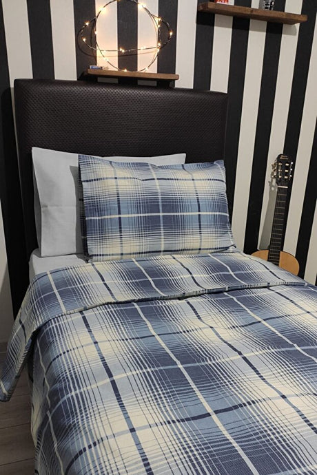 Single Plaid Blue Duvet Cover Set with Fitted Sheet