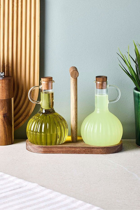 Acacia Wood Stand Oil & Vinegar Dispenser Set - 350ml x 2