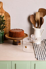 Acacia Wood Cake Stand with Glass Dome - 22 Cm Diameter