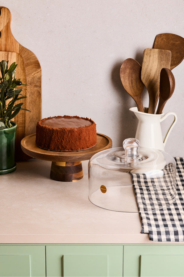 Acacia Wood Cake Stand with Glass Dome - 22 Cm Diameter