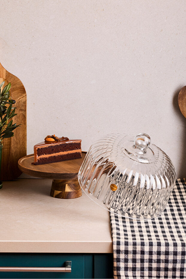 Acacia Wood & Glass Cake Dome with Stand - 25 cm