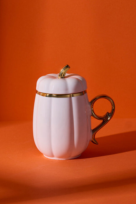 Porcelain Pumpkin Mug with Gold Handle & Lid - 12x8.5x13.8 cm