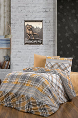 Single Mustard Plaid 3-Piece Duvet Cover Set with Fitted Sheet