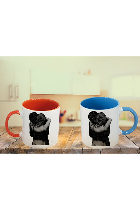Romantic Couple Hugging Two-Tone Ceramic Mug Set - 2 Mugs