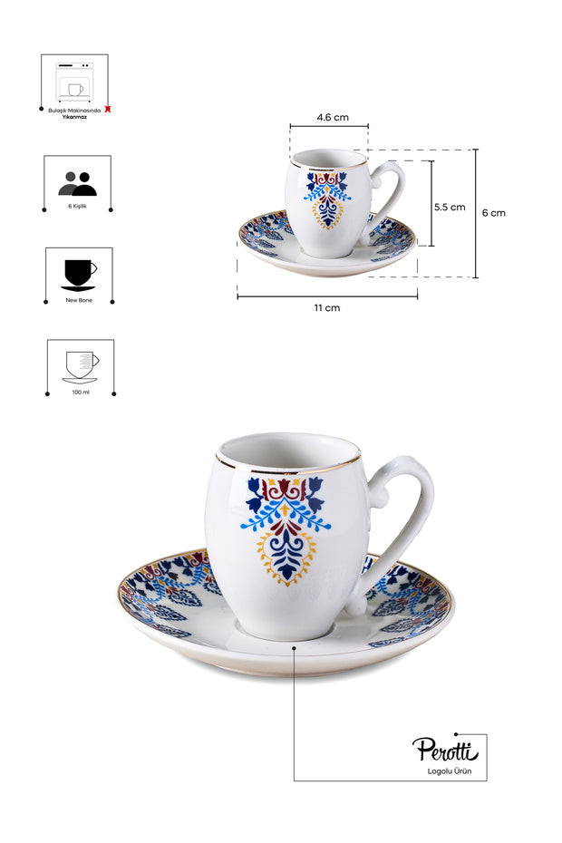 Porcelain Coffee Cup & Saucer Set - Blue Pattern, 6 Person (100ml)
