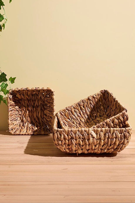 3-Piece Woven Natural Fiber Square Storage Baskets Set
