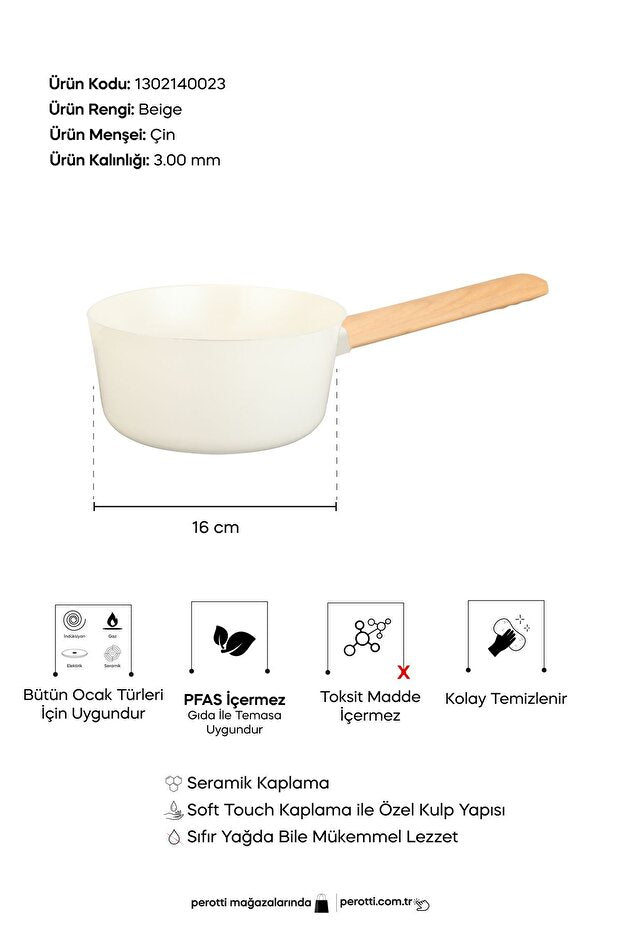 16 cm Beige Ceramic Coated Induction Saucepan with Wood Handle
