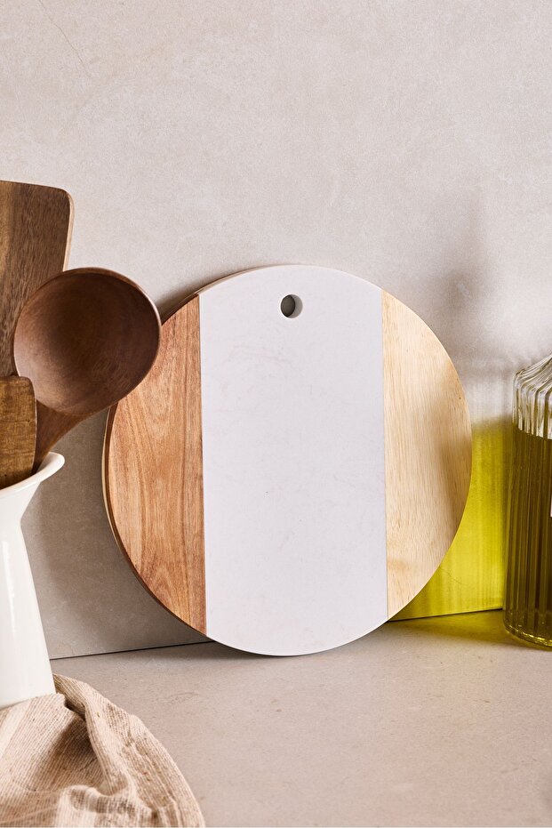 Modern Marble & Acacia Wood Round Cutting Board - 25 cm