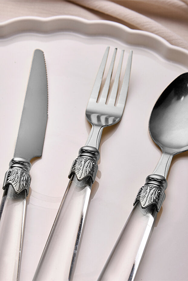 18 Piece Cutlery Set - Elegant Silver & Clear Handles