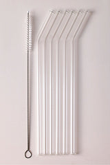 6-Pack Reusable Bent Glass Straws with Cleaning Brush
