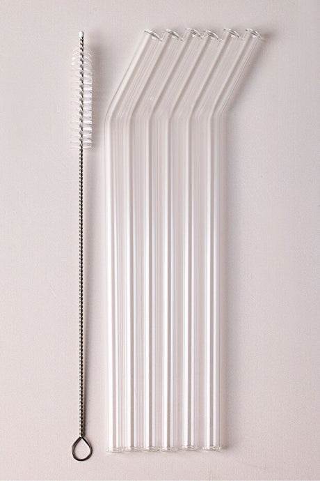 6-Pack Reusable Bent Glass Straws with Cleaning Brush