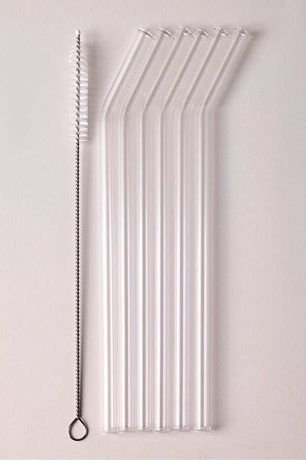6-Pack Reusable Bent Glass Straws with Cleaning Brush