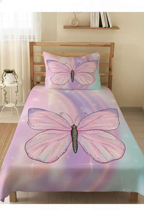 Butterfly Print Single Pique Set - Pink, 160x230cm, 2 Pieces