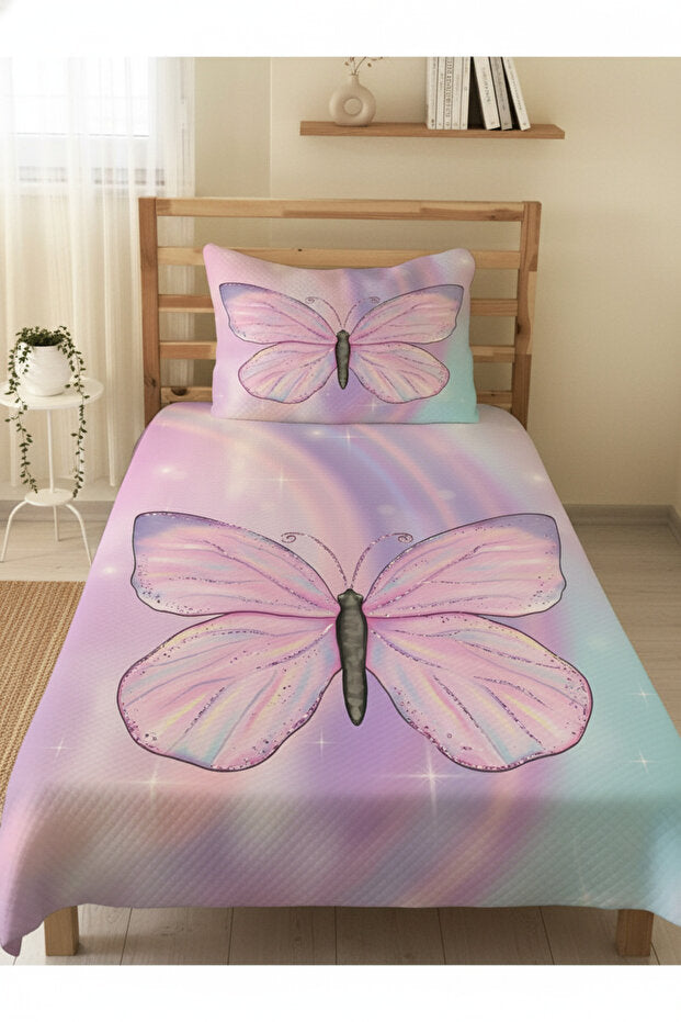 Butterfly Print Single Pique Set - Pink, 160x230cm, 2 Pieces