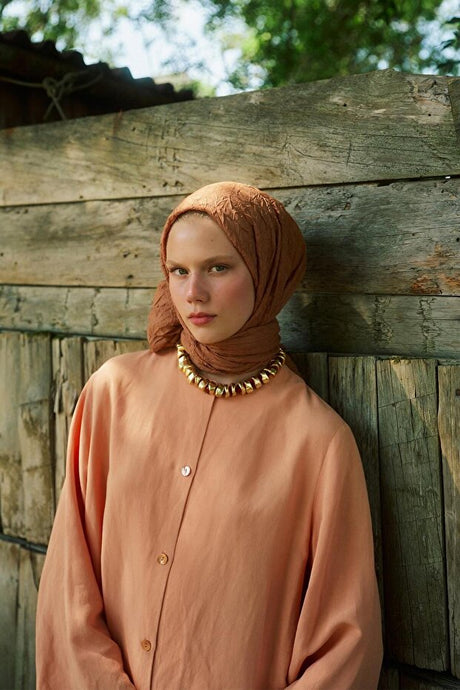 Voile Crushed Shawl - Peach, No-Iron