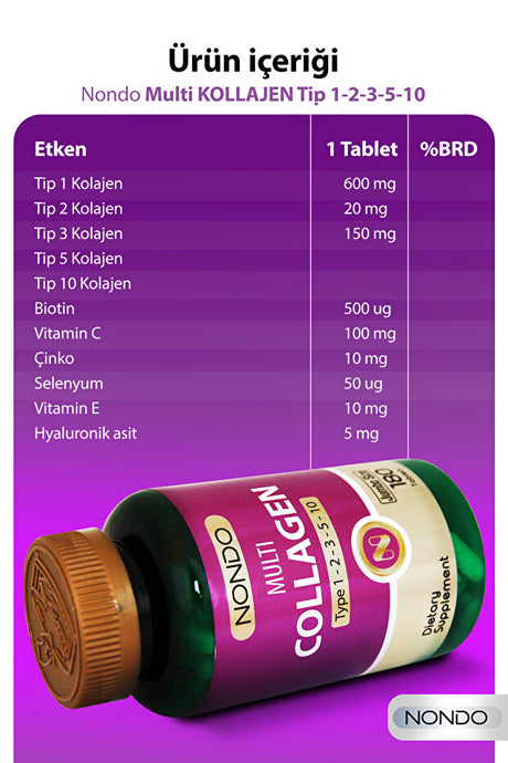 Colágeno Múltiple - Tipo 1-2-3-5-10, 180 Tabletas Halal