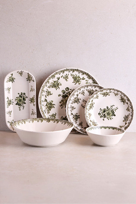 Vintage Green Floral 27-Piece Ceramic Dinnerware Set