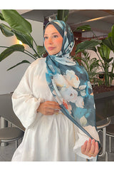 Retro Floral Cotton Shawl - Turquoise & White Flowers