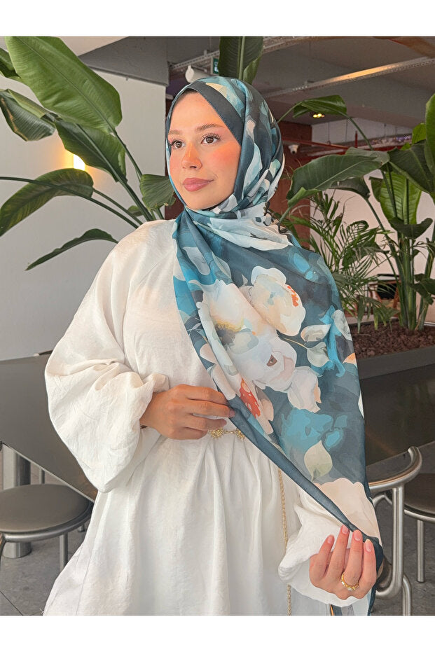Retro Floral Cotton Shawl - Turquoise & White Flowers