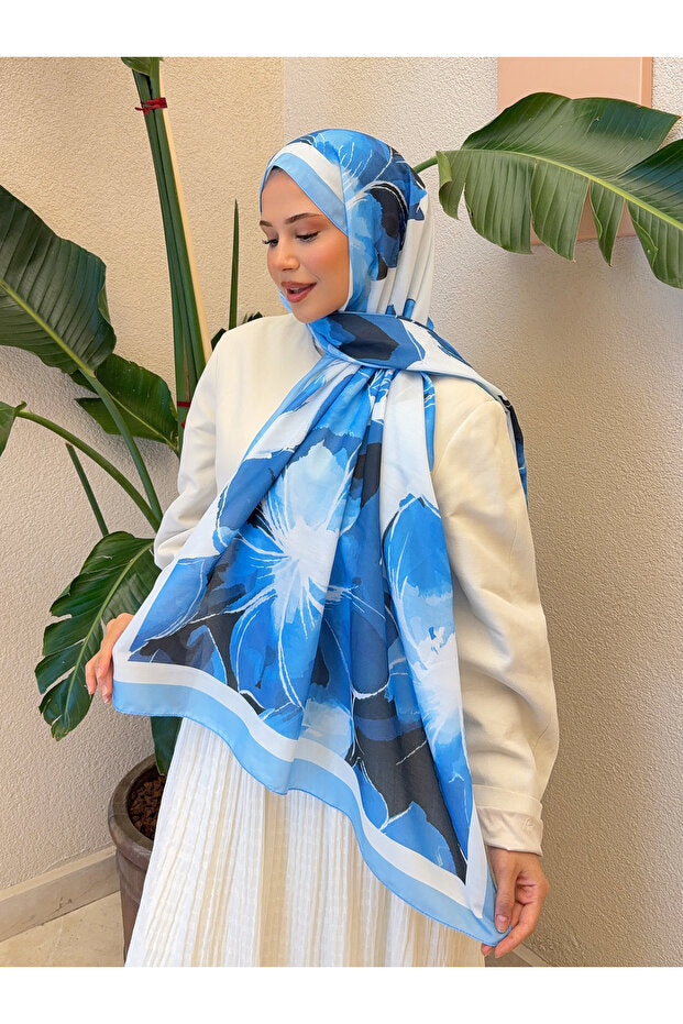 Retro Floral Cotton Soft Shawl - Blue & White
