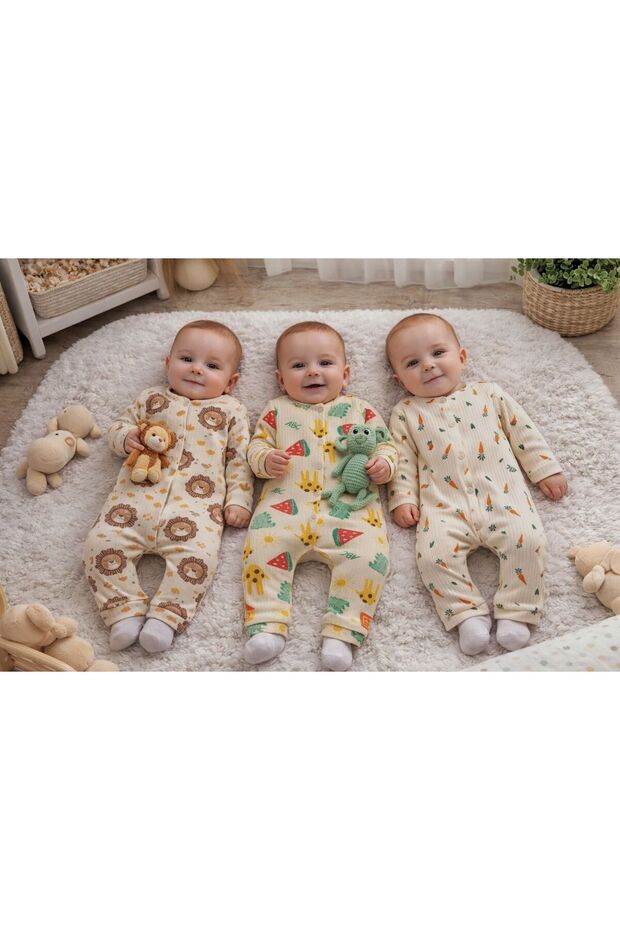 Baby 100% Cotton Romper 3-Pack - Lion, Giraffe & Carrot Designs