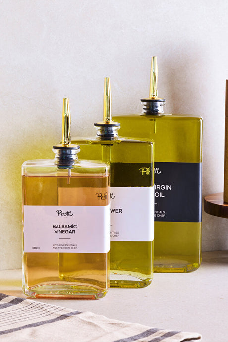 3-Piece Gold Cap Glass Oil & Vinegar Dispenser Set - 350, 500, 750ml