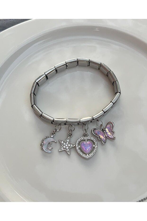 Italian Charm Steel Bracelet - Dazzling Dangling Design 18cm