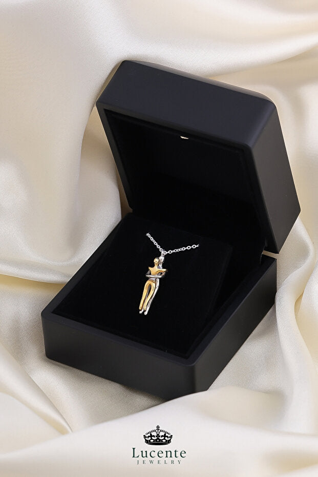 Hugging Couple 925 Silver Plated Necklace - Special Lighted Gift Box