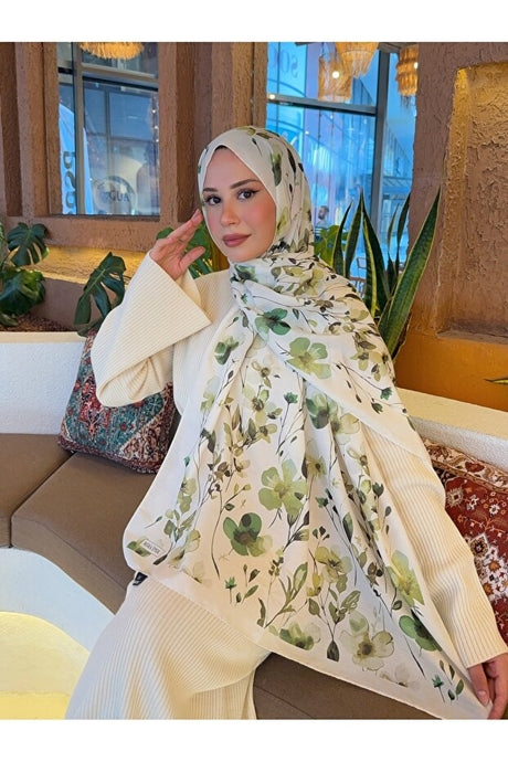 Soon Series Patterned Cotton Soft Shawl - Off-White & Green