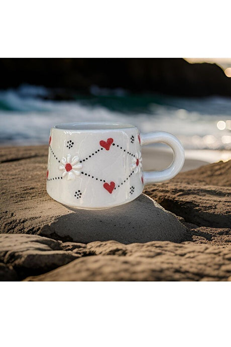 Hand-Painted Ceramic Mug - Hearts & Daisies Design, 200ml