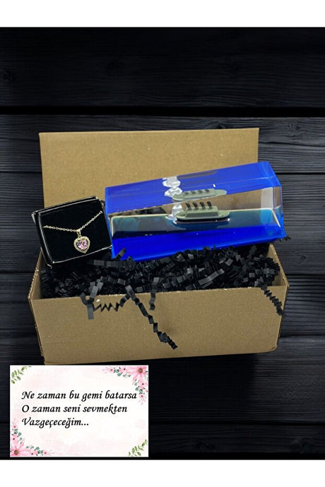 Unsinkable Love Ship Aquarium Ornament & Heart Necklace Gift Set