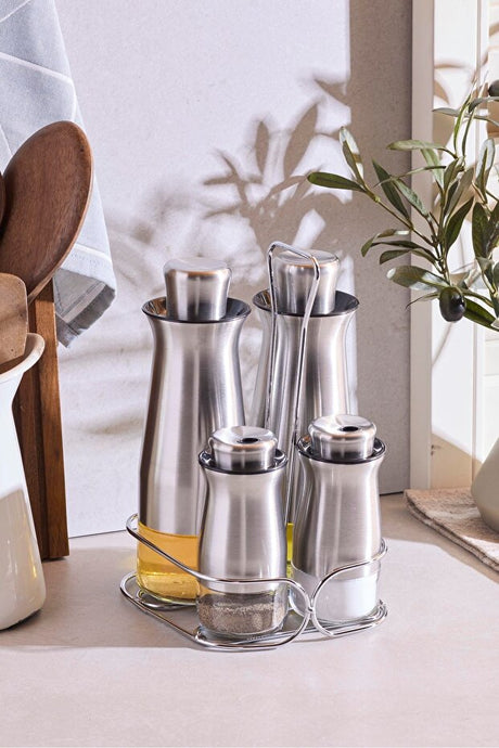 4-Piece Stainless Steel & Glass Oil, Vinegar, Salt & Pepper Set with Stand