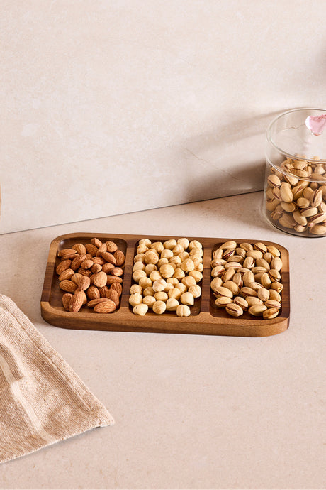 Natural Wood 3 Compartment Snack Serving Tray - 25x14 cm