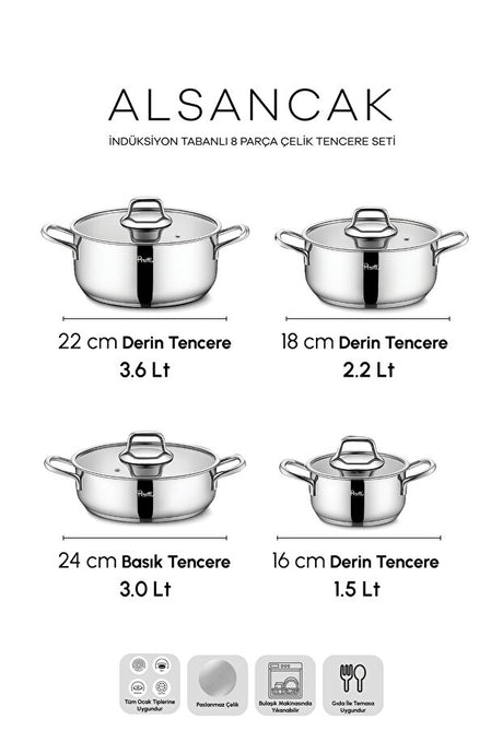 8 Piece Induction Base Stainless Steel Pot Set for Modern Kitchens