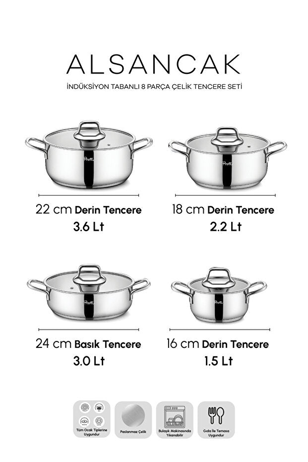 8 Piece Induction Base Stainless Steel Pot Set for Modern Kitchens