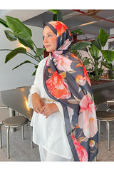 Retro Floral Cotton Scarf Dark Navy Orange