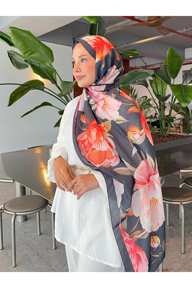 Retro Floral Cotton Scarf Dark Navy Orange