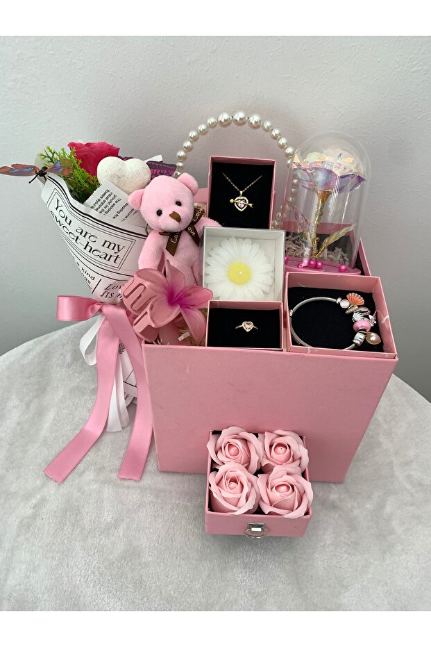 Elegant Pink Love Gift Set with Drawer Box - Jewelry, Bear & Rose Dome