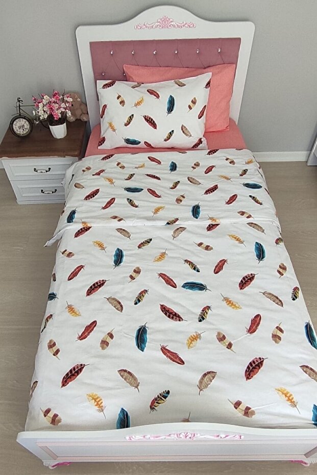 Single Duvet Cover Set - Feather Pattern & Fitted Sheet