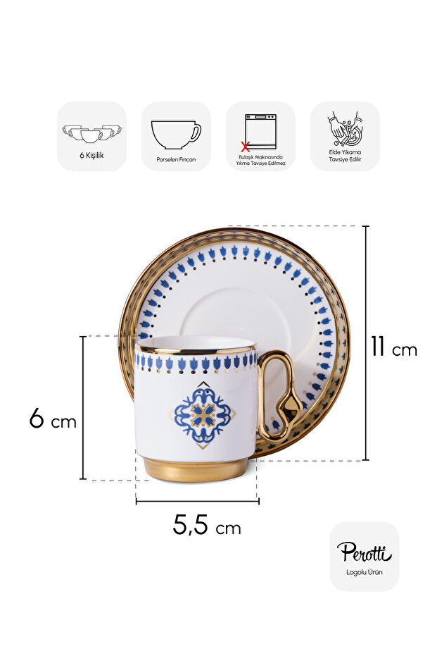 6 Person Porcelain Coffee Cup Set with Elegant Blue Tile Design