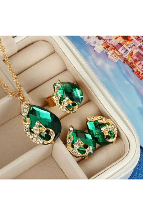 Emerald Green Crystal Teardrop Jewelry Set - Necklace, Earrings & Ring