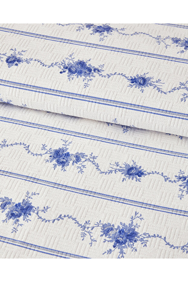 Flower Line Double Cotton Pique Bedspread - Blue Floral