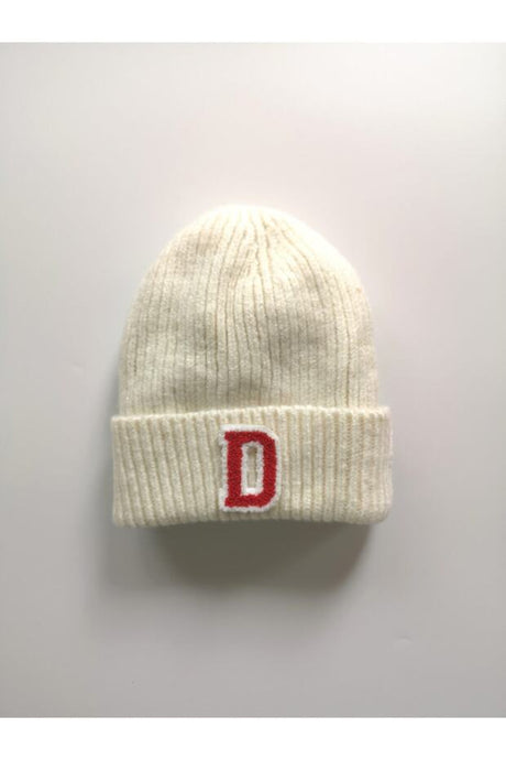 Kids' Ecru Wool Beanie - 'D' Letter Knit for Warmth