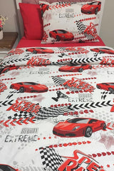 Red Car Design Single Duvet Cover Set with Fitted Sheet