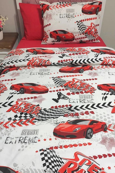 Red Car Design Single Duvet Cover Set with Fitted Sheet